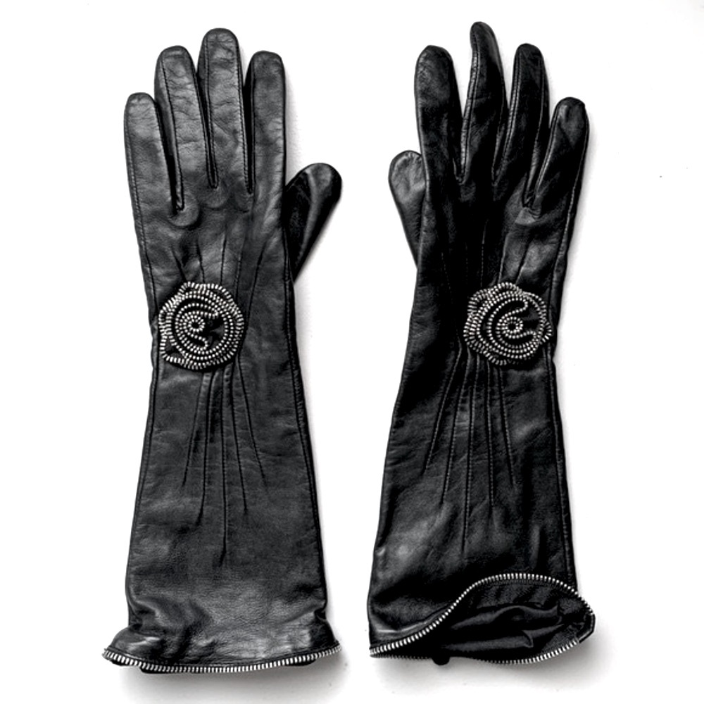 Black Leather Zipper Rosette Embellished Gloves